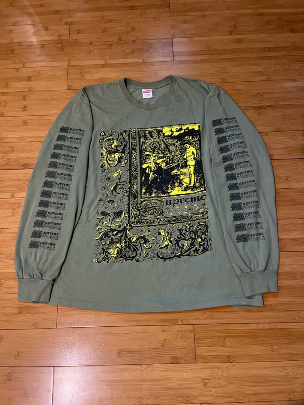 Supreme Olive Green Long Sleeve Tee with Yellow & Black Graphic